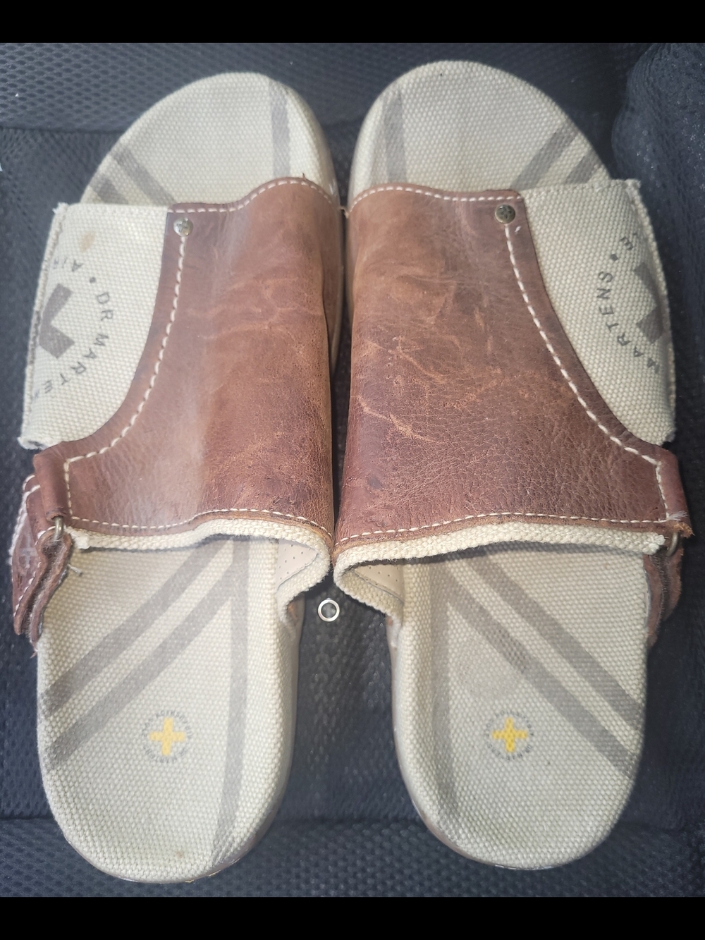 Brown Leather Dr. Martens Slide Sandals with Canvas Footbed